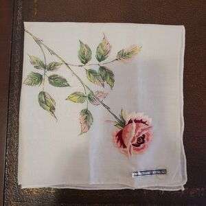 NWT Vintage Handkerchief White with Embroidered Pink Rose. Japan. 15"